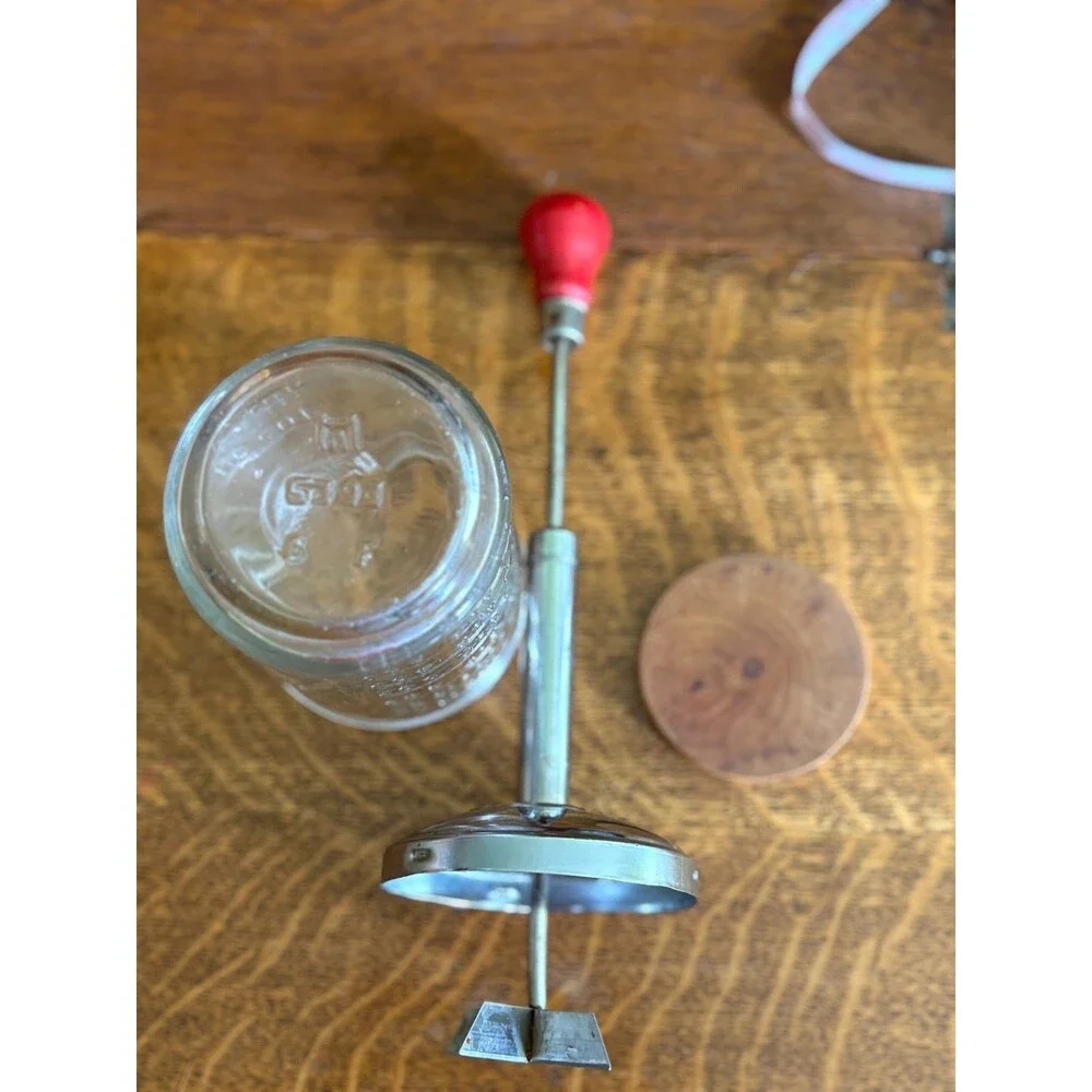 Vintage Hazel Atlas Nut Food Chopper Glass Measure Red Wood Knob Manual